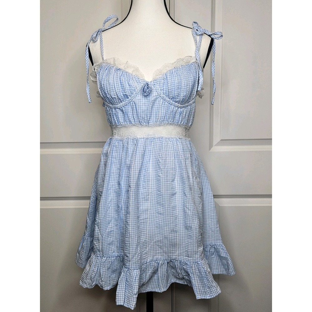 Sky To Moon Womens Blue Gingham Strappy Mini Dress Dorothy Wizard Of Oz Coquette